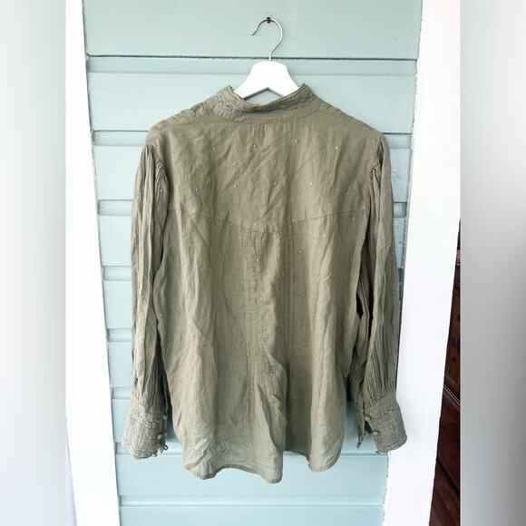 Sundance Victorian 100% cotton blouse olive green peasant high neck boho summer - Picture 7 of 9